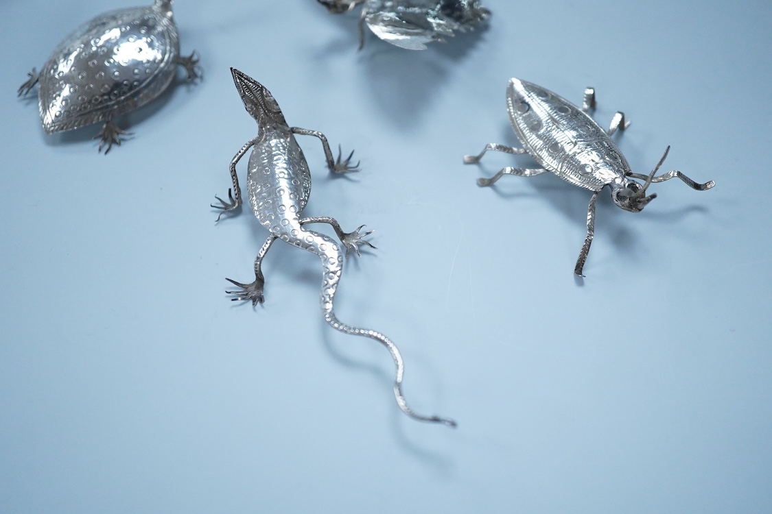 Six Thai or Malaysian white metal models of creatures, to include a Praying Mantis, height 45mm, a tortoise, a dragonfly, a butterfly, a lizard and a beetle.